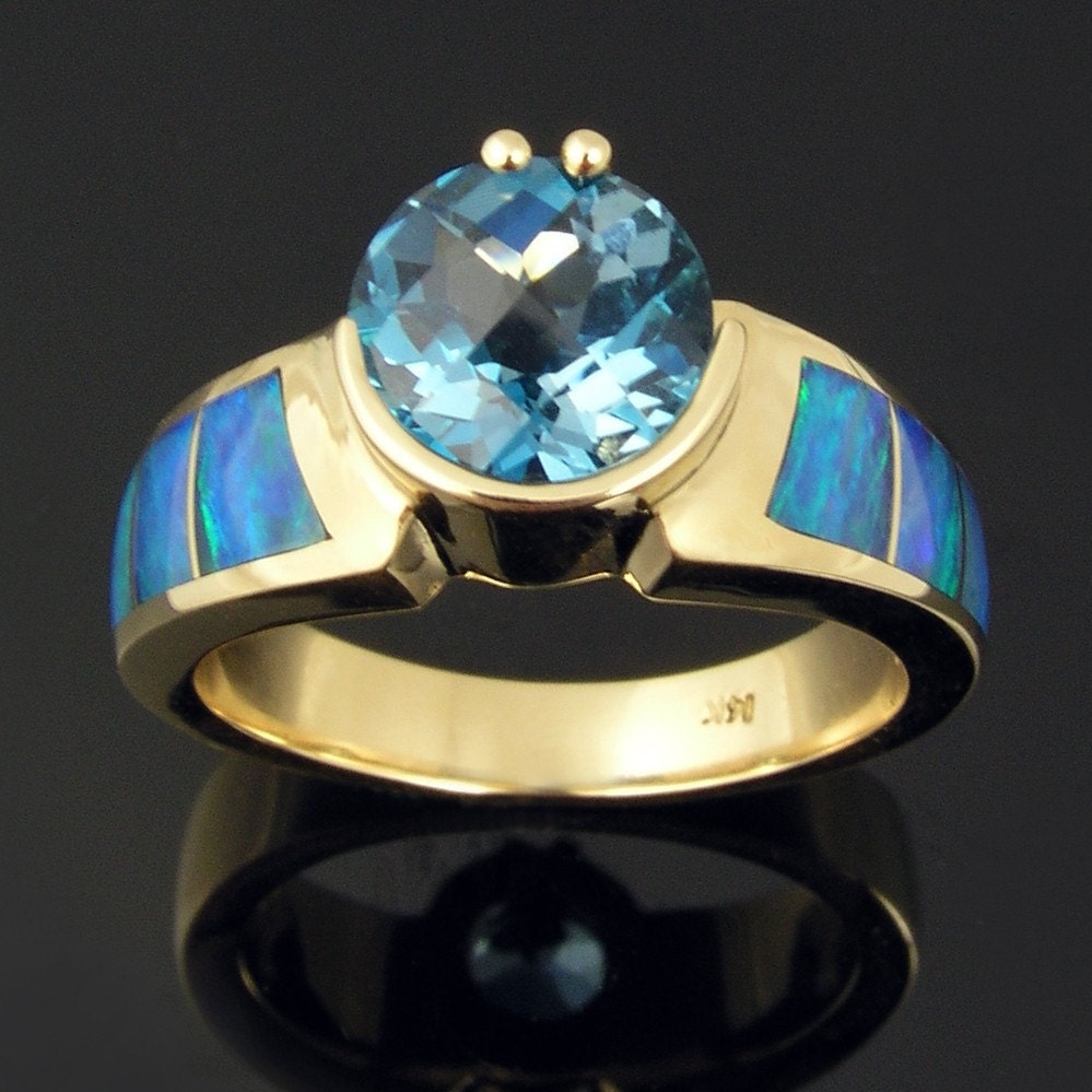 Blue topaz ring in 14k gold inlaid with genuine Australian opal wedding 