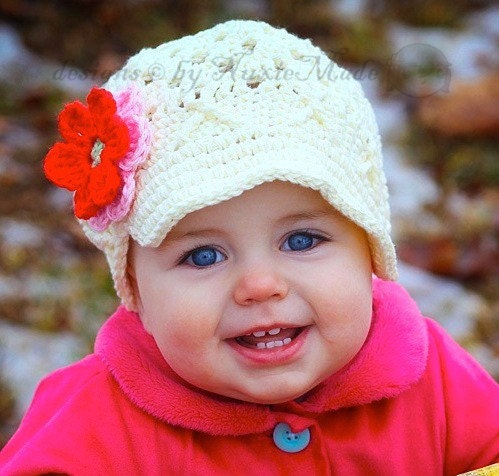 3-6 month Flower Beanie with Brim -ivory, pink, red, celery