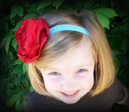 FREE SHIPPING--Sweet and Sassy Beautiful Deep Red Handmade Silk Flower on Interchangeable Soft Satin Stretch Aqua Headband ALL SIZES available-- Newborn, Baby, Toddler through Adult