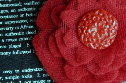 Upcycled Red Felted Wool Flower Embellishment with Polymer Clay Button