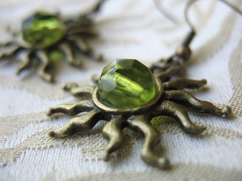 Earrings - Brass Sun and Green Glass
