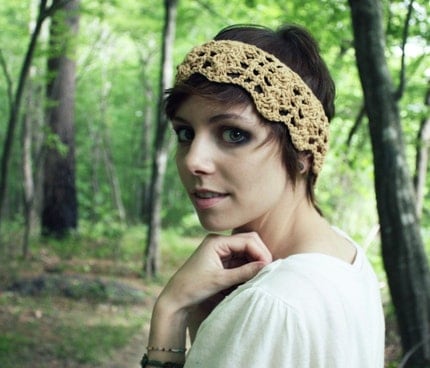 Cream Crocheted Headband With Vintage Button