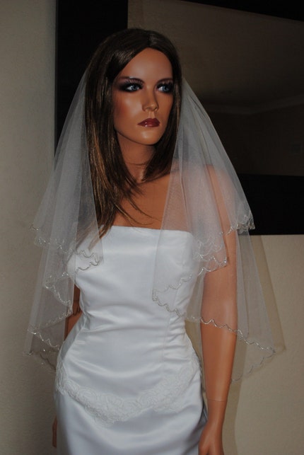 Two Tier Fingertip Veil with Dangling Beads in White or Ivory