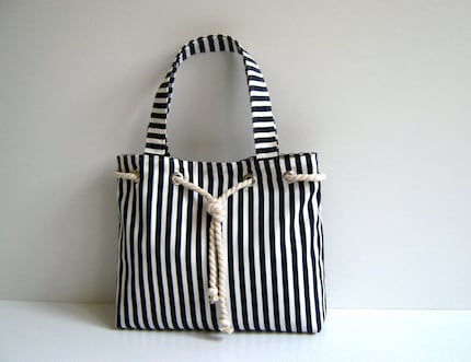Sailor Tote Bag -navy blue and white striped, with cotton rope accessory-