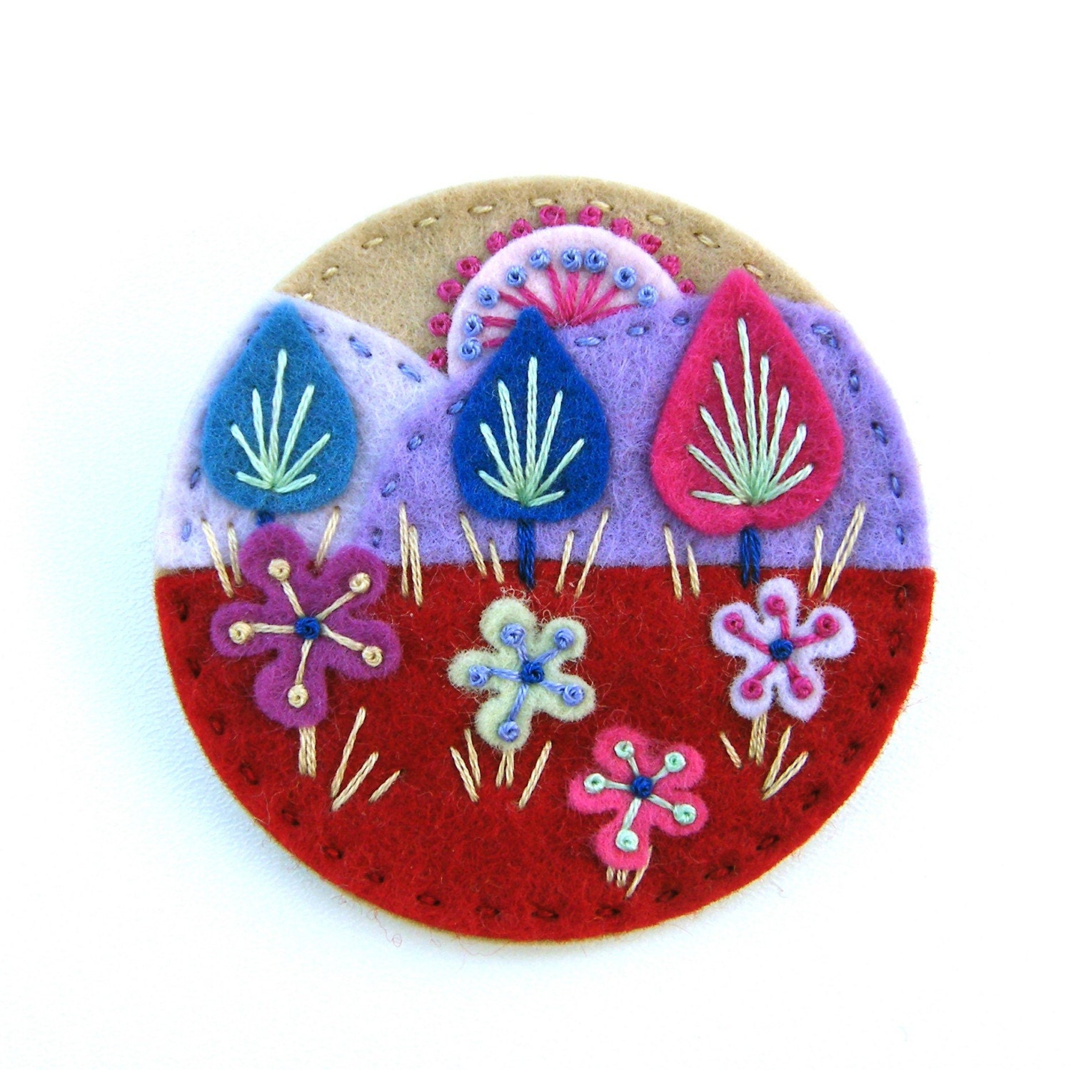 TREESCAPE FELT BROOCH PIN WITH FREEFORM EMBROIDERY
