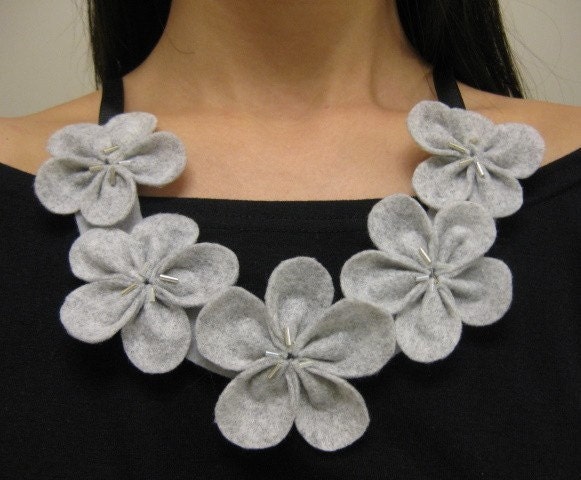 Eco Friendly Felt Flower Bib Necklace - Heather Gray - Black or Cream Ribbon