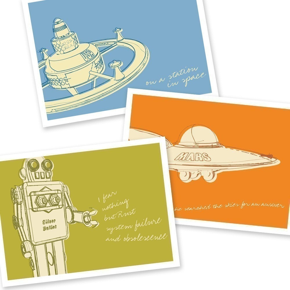 Lunastrella Robot, Space Station and Flying Saucer 8x10 Set of Three