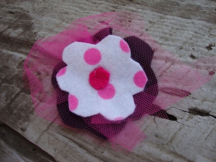 Adorable Girl's Black, White and Pink Polka Dot Felt Flower Clip With Tulle