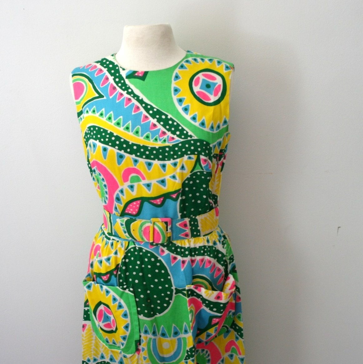 vintage Day Glow Geometric Summer Picnic Dress