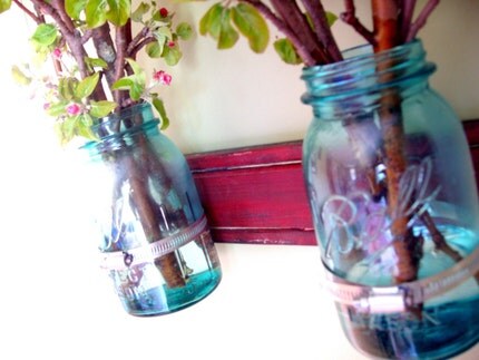 Shabby Industrial  Mason Jar Wall Vase Organizer BARN RED