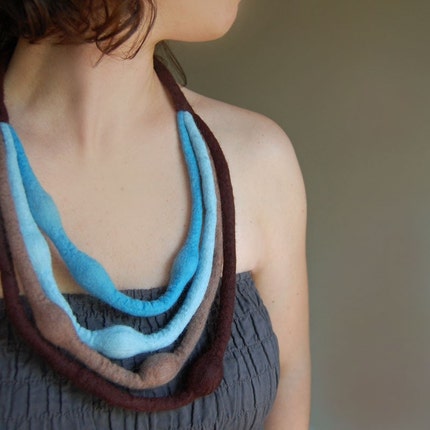 FREE SHIPPING Brown-Blue Multi Strand Felt Necklace