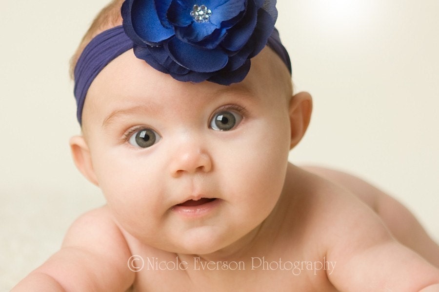 Beautiful Blue Navy Flower On A Nylon Headband- Headband Fits Infants-Toddlers