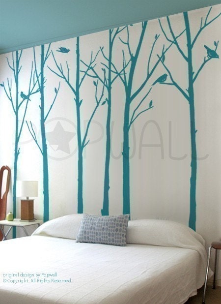 Removable Vinyl wall sticker decal Art - Leafy Winter Trees with birds - 6 trees - 037