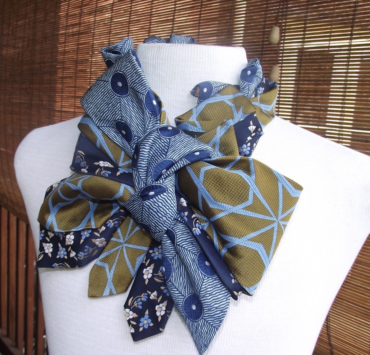 Ragan-Handstiched Upcycled Vintage Necktie Bow Necklace Collar- Sing the Blues