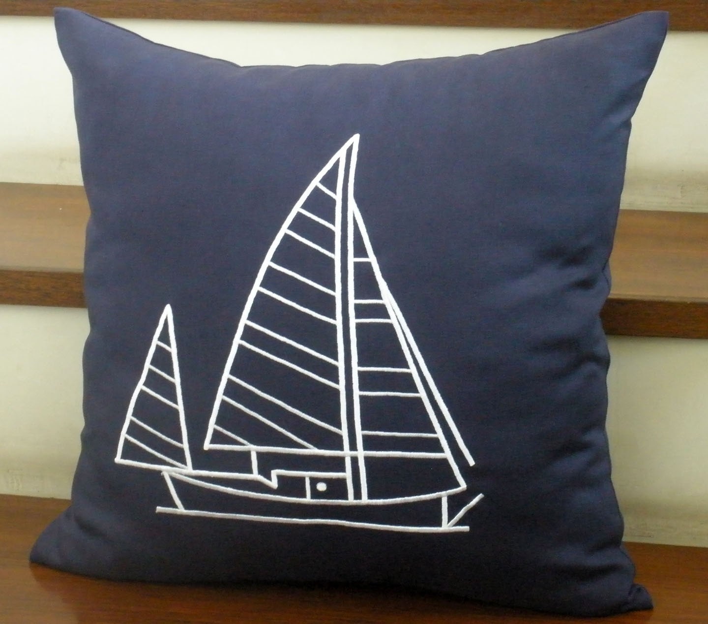 Navy Blue Linen with Sailing Ship Embroidery  Pillow Covers