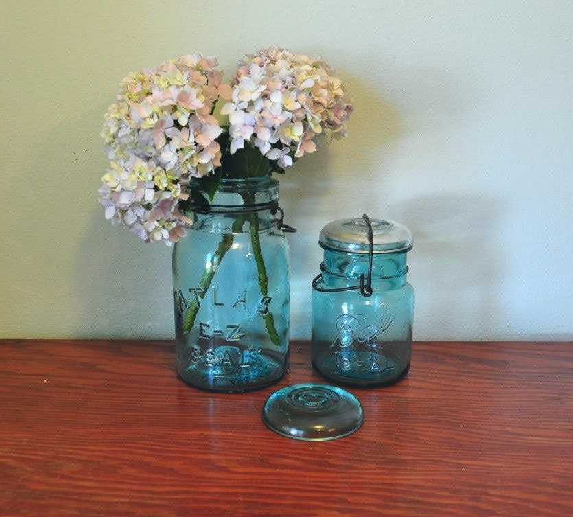 Pair of Blue Canning Mason Jars Wire Tops Ball Ideal Atlas