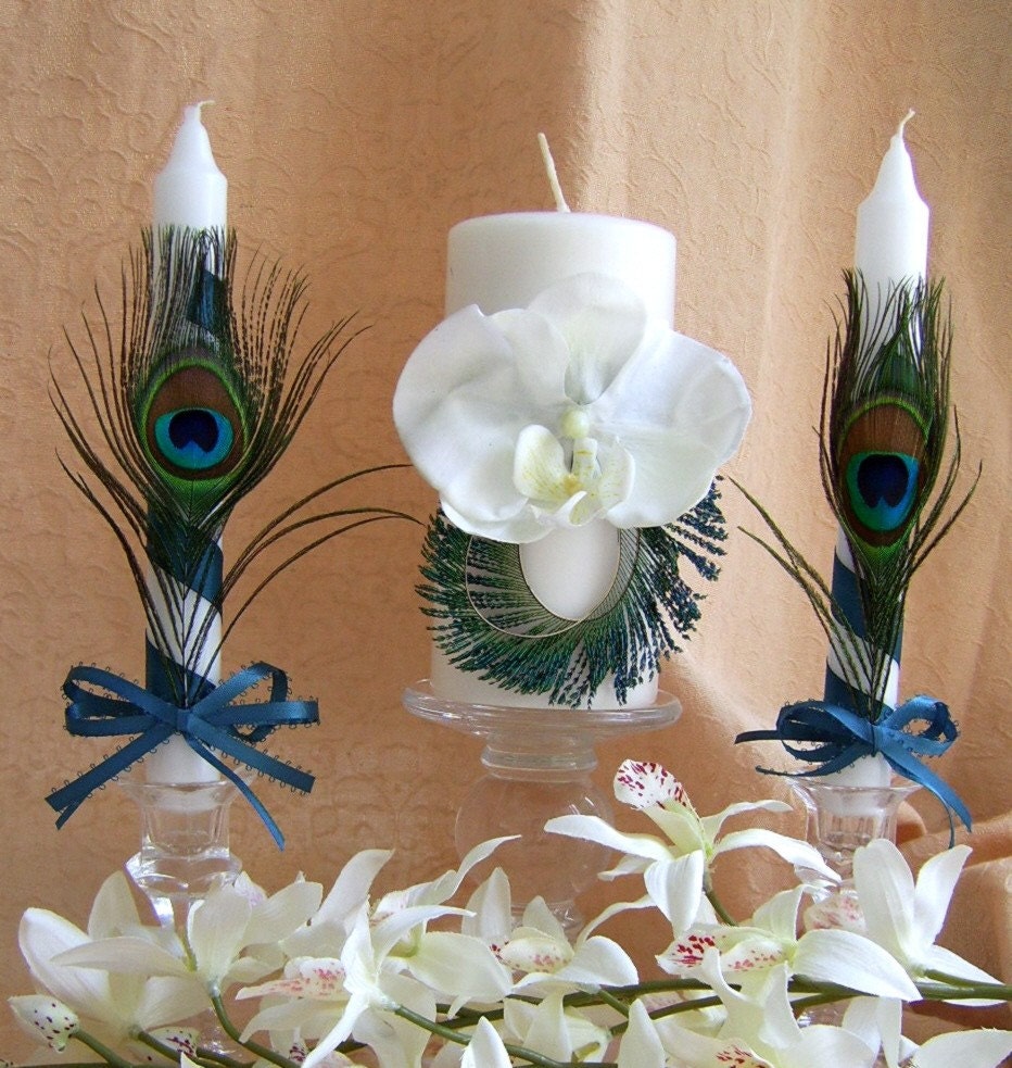 Peacock Feathers and Teal Wedding Color, Unity Candle and Tapers Set