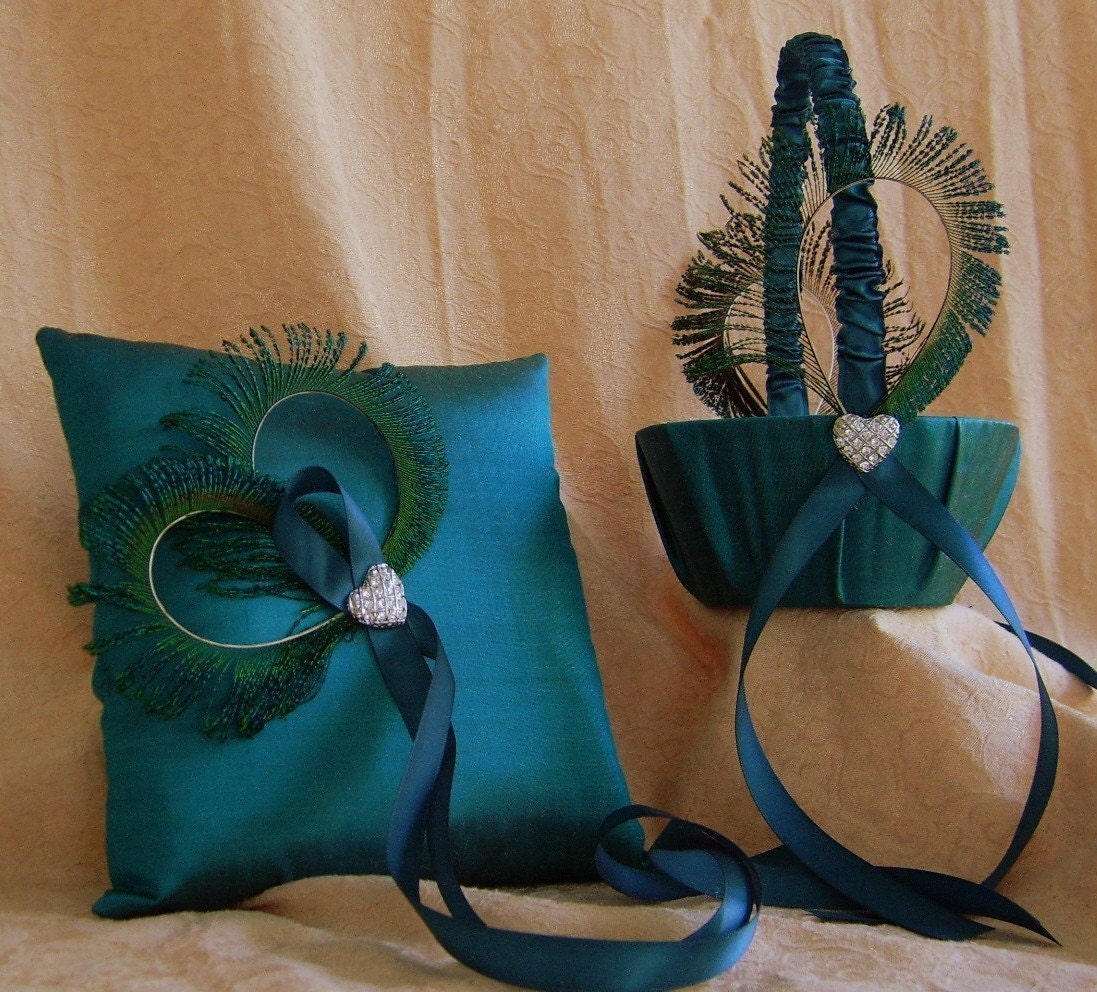 Peacock Feathers and Teal Wedding Color, Choose your accent color, Flower Girl Basket and Ring Bearer Pillow Set