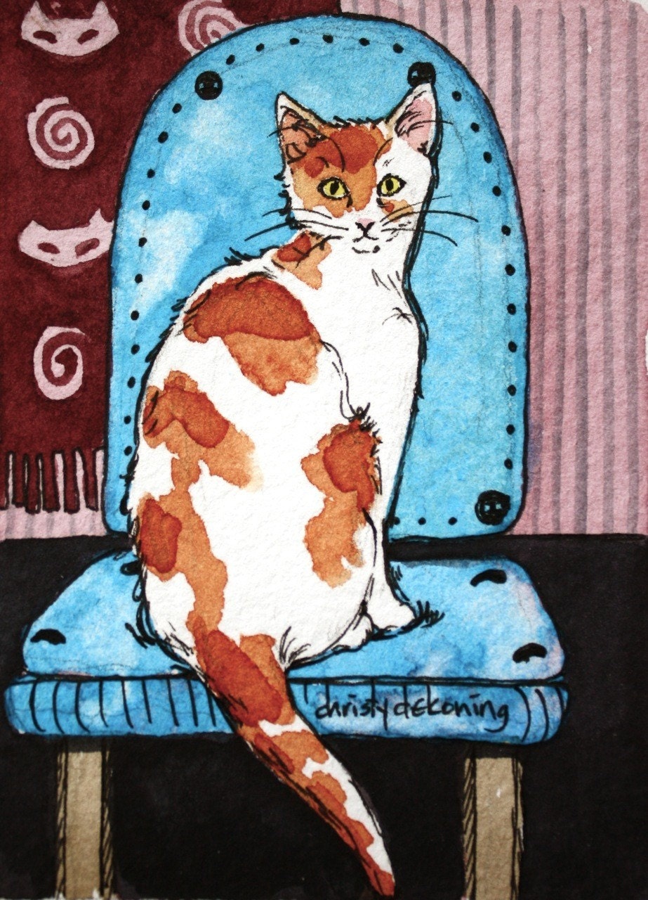 White and orange cat on blue chair ACEO print