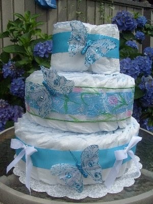 Elegant Turquoise Butterfly Baby Girl Diaper Cake