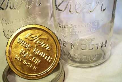 Two Antique Kerr Mason Fruit Canning Jars Wide Mouth Patented Metal Lids Embossed Patent Date