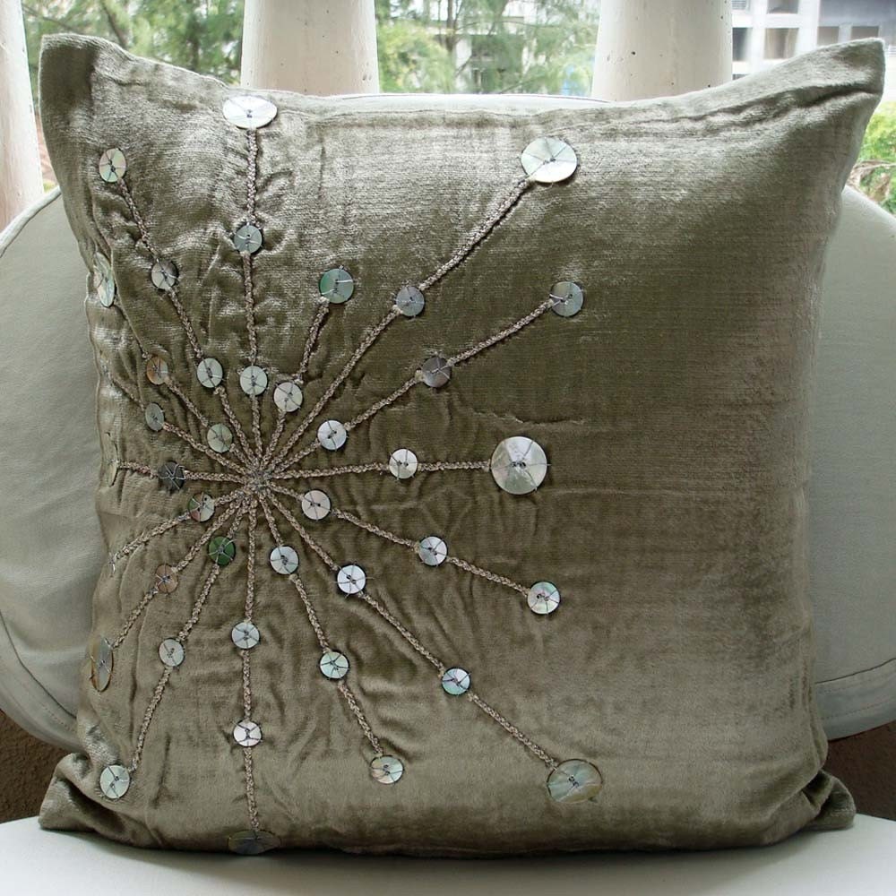 Fantasia - Throw Pillow Covers - 16x16 Inches Velvet Pillow Cover with Silver Mother Of Pearl