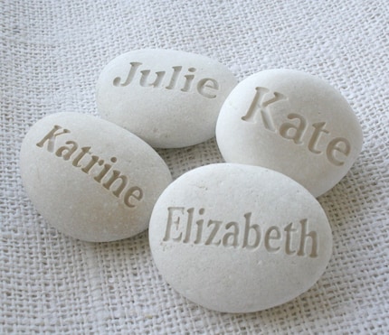 White Beach Pebbles - set of 4 Custom Engraved name or word pebbles by sjEngraving