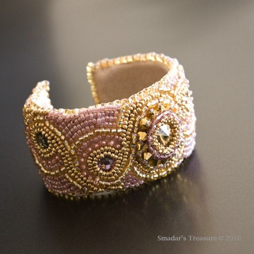 Gold and Pink Bead Embroidered Cuff with Crystals - Free Shipping