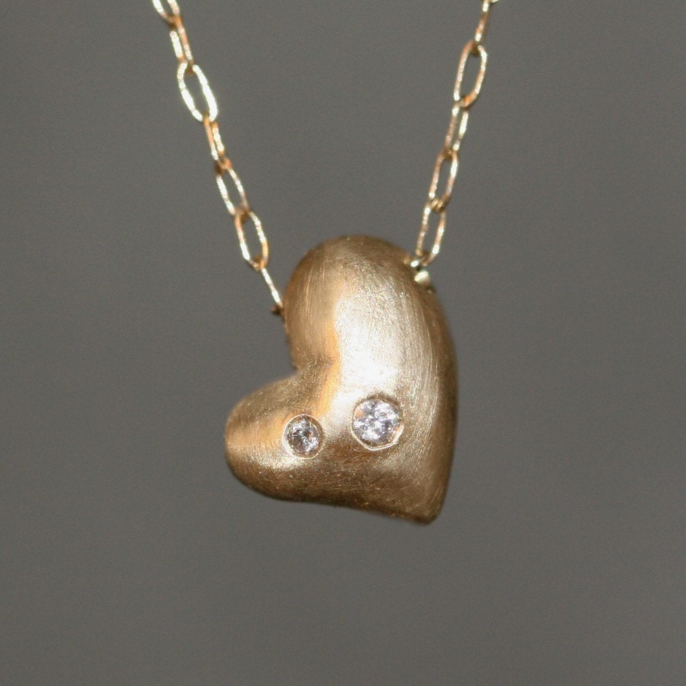 Puffy Heart Necklace in 14k Gold with 2 Diamonds