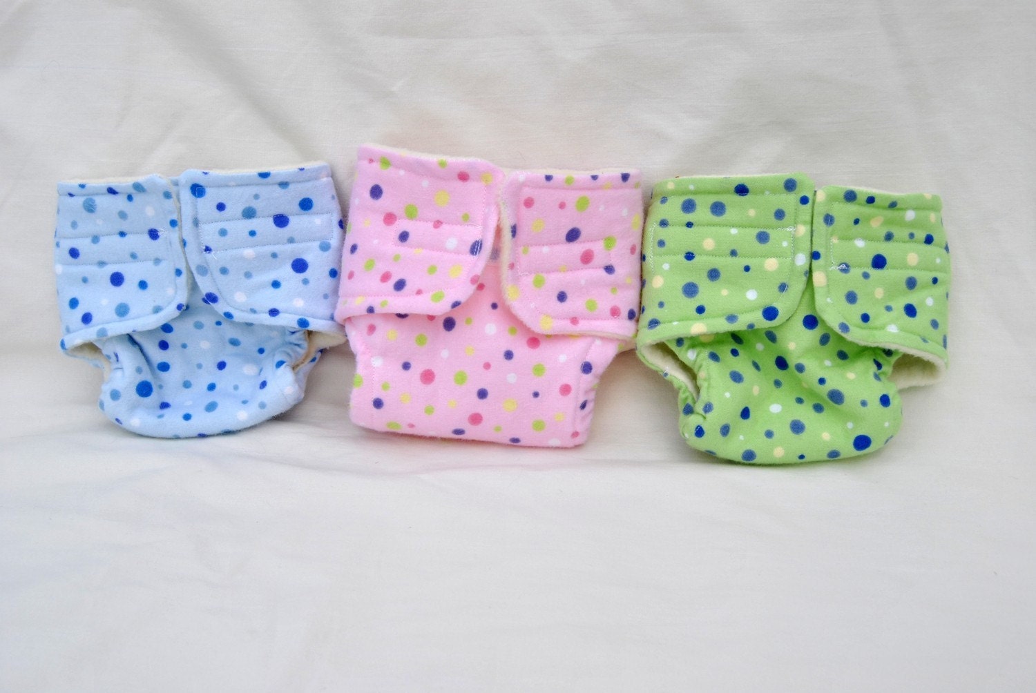 The Dot Collection - Flannel and Fleece Baby Doll Cloth Diapers - Set of three diapers