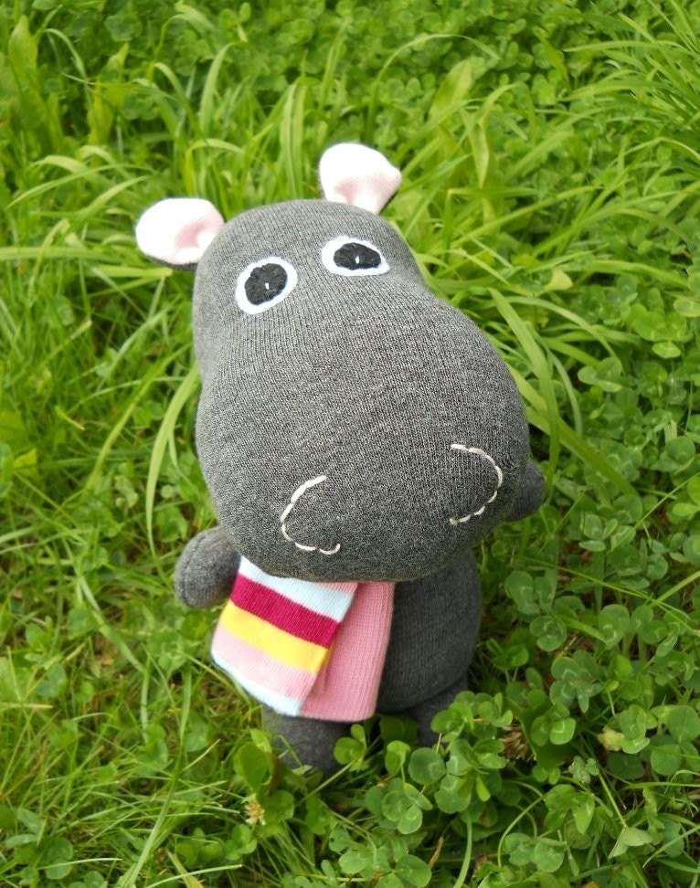 Sock hippo, handmade sock animal, stuffed toy, soft sculpture, Hilary