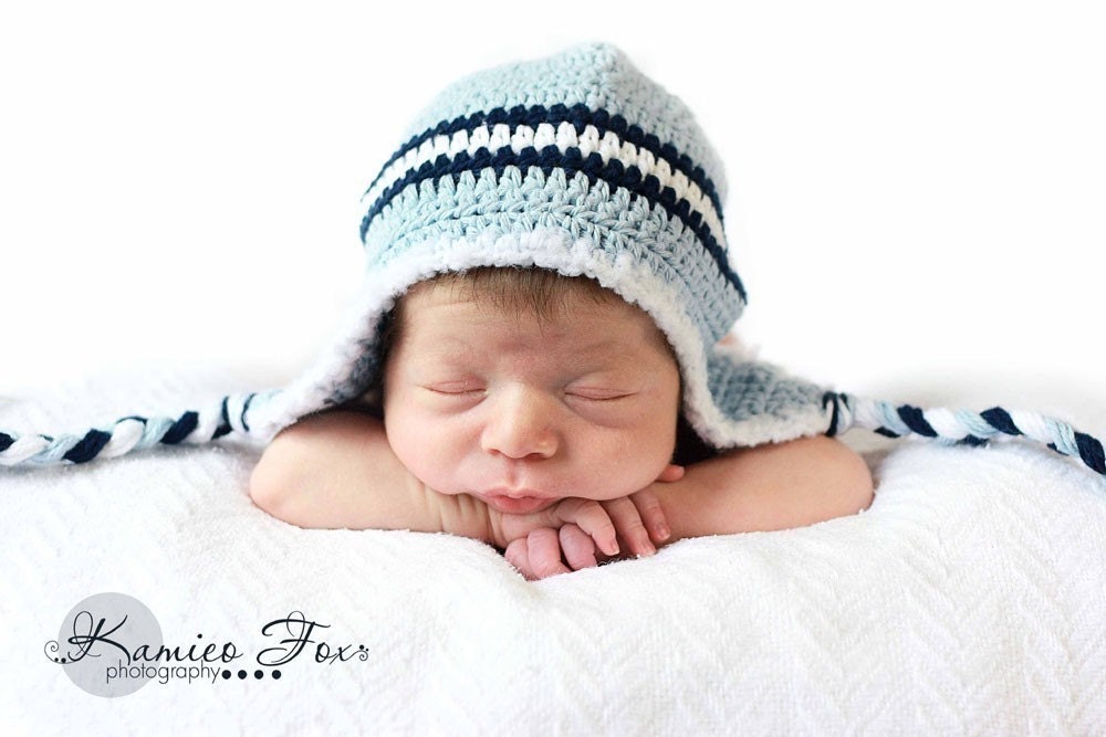 Baby Blue, Navy, White - Earflap Hat with Fluffy Trim
