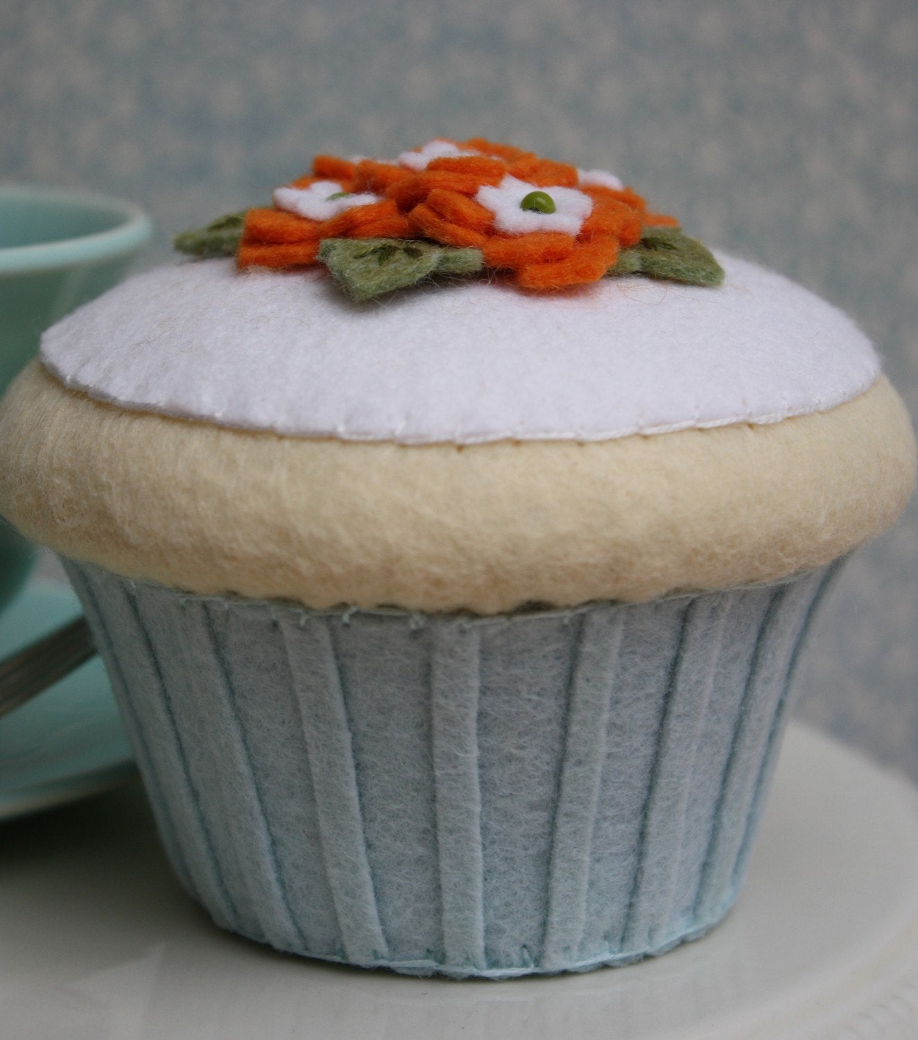 Felt Vanilla Cupcake With Aqua And Orange Flowers