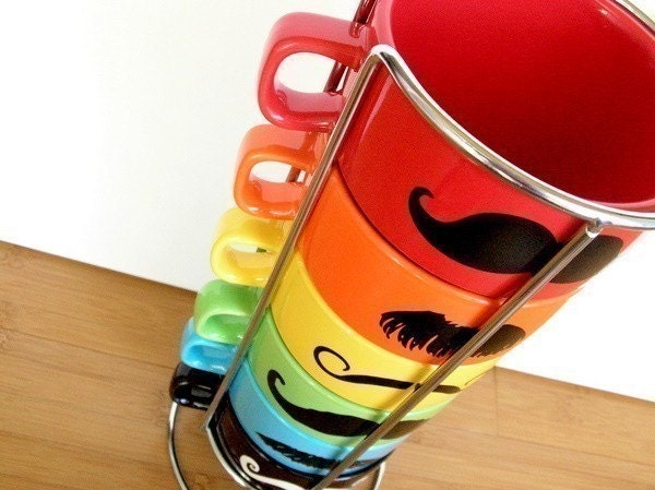 Upcycled Modern Stacking Mustache Mugs With Holder