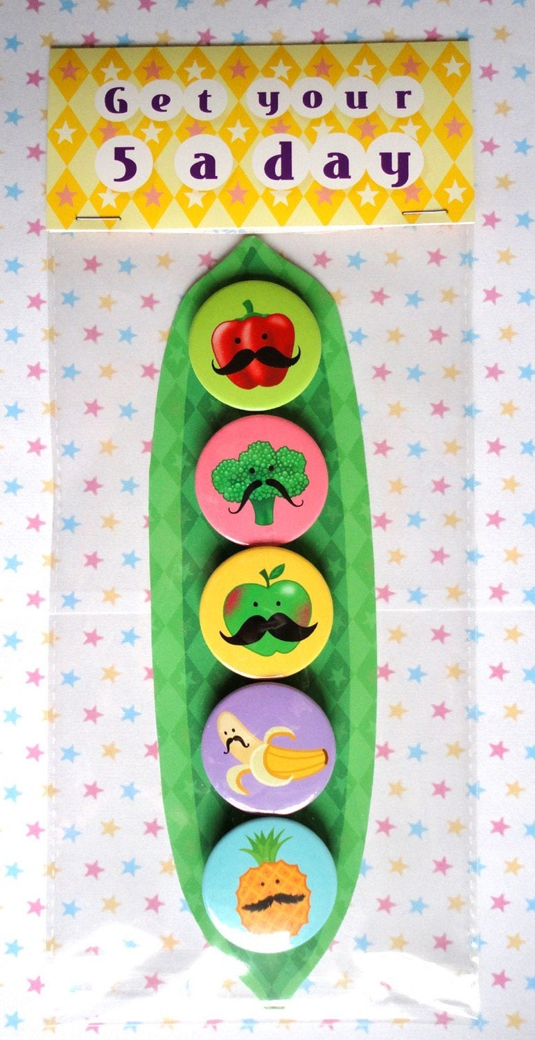 FIVE FRUITY AND VEGGIE MUSTACHE MAGNETS