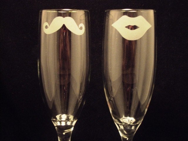 His and Hers Mustache and Lips Champagne Flutes by Jackglass on Etsy
