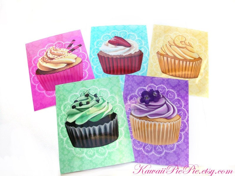 Art Prints - Set of 5 Cupcakes - 6 x 4.5 inches