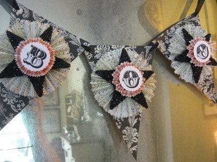 BOO..Halloween Bunting Banner Pennant Sign Garland Party Favor Shabby Chic French Paris Black Glitter Star Damask Tag Paper Roseete