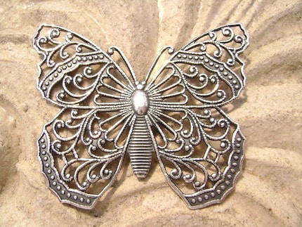 Large Antiqued Silver ptd Filigree Stamped Butterfly Pendant