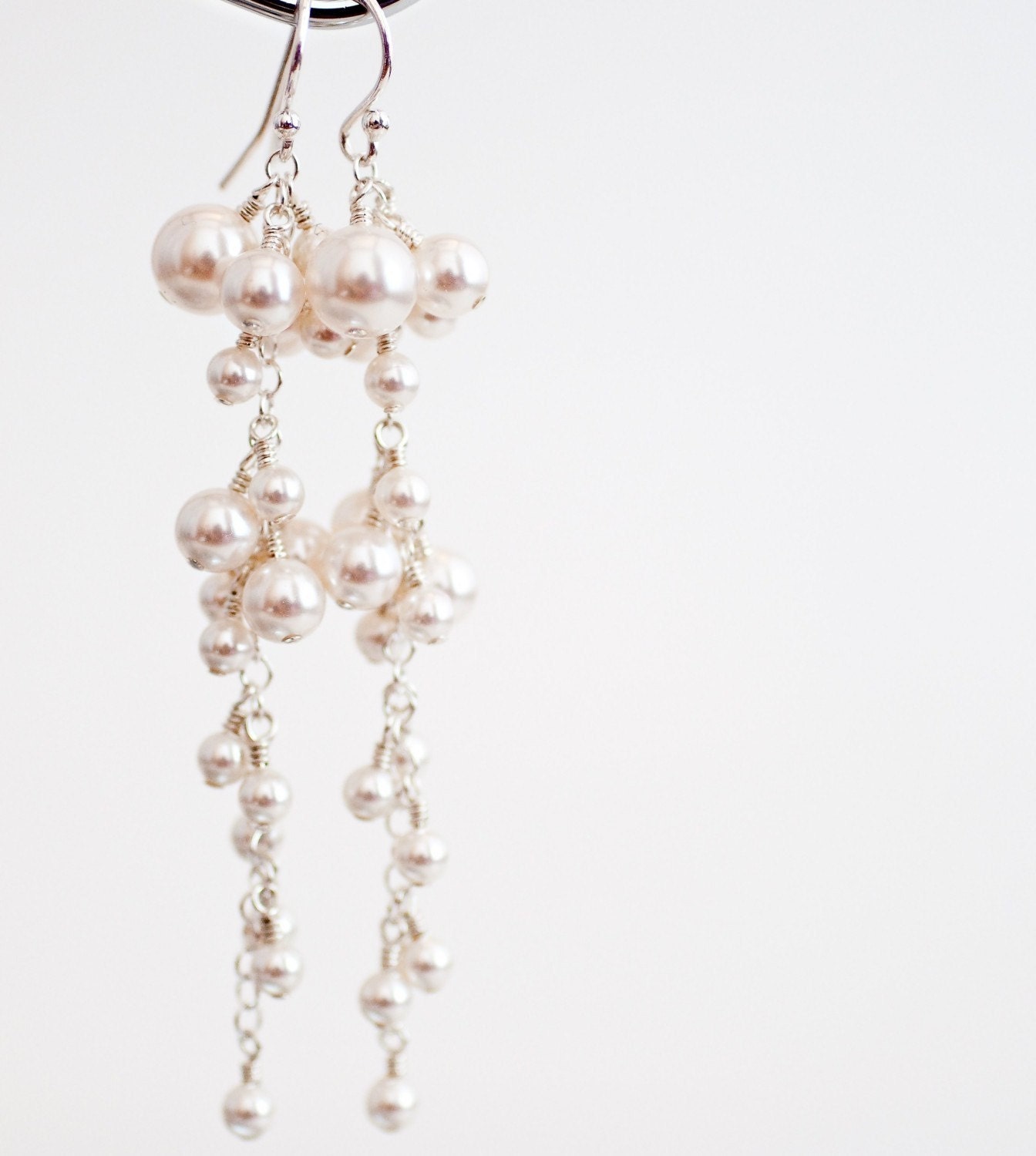Earrings, Bridal Wedding. Elegant and Glamorous Long Drop Cluster Dangle Winter White Pearl and Sterling Silver Statement Beaded Glamour Custom Handmade Jewellery for the Bride or your Bridesmaids