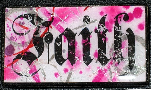 Faith Pink Black Belt Buckle OOAK Resin Sealed Original Art Inked and Stamped
