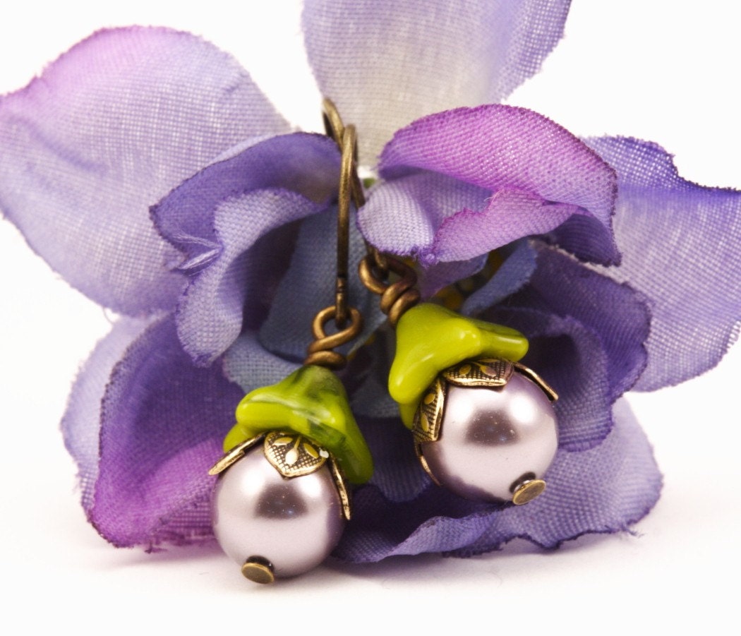 Chartreuse Earrings With Mauve Pearls