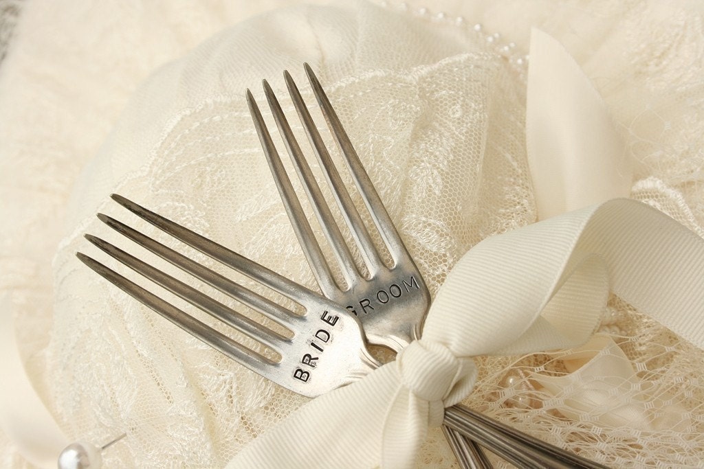 Vintage Silverware garden markers Bride and Groom  wedding cake topper flatware utensils