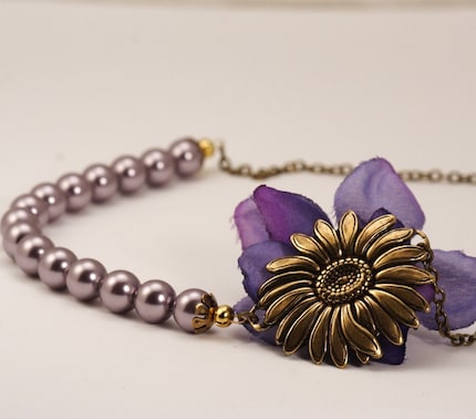 Vintage Style Sunflower Bloom Necklace - Mauve Pearls and Antique Gold