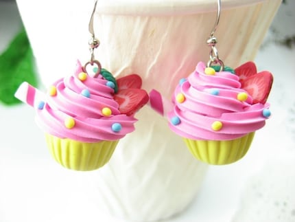 Strawberry Swirl Cupcake Earrings