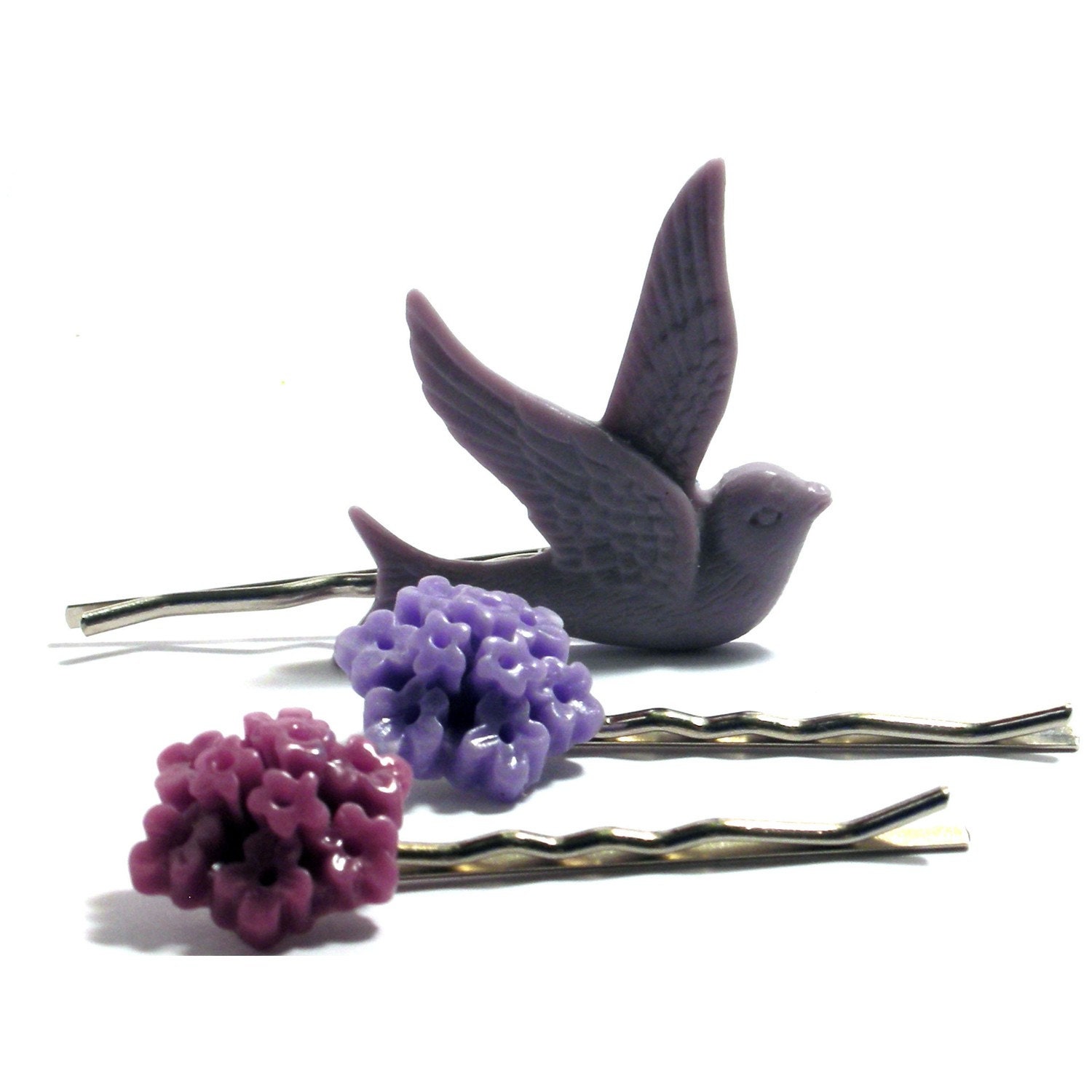 Retro Dove 
with Lavender Plum and Lilac Bellflower Trio. Bobby Pins