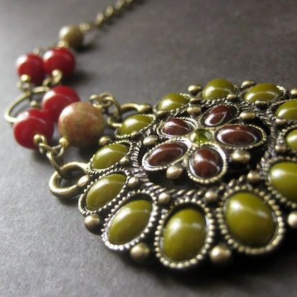 Bronze Floral Choker. Olive, Brick, Inlay. Handmade Artisan Jewelry
