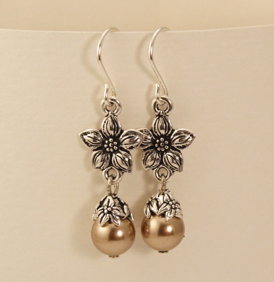 Antique Silver Jasmine Golden Bronze Pearl Earrings