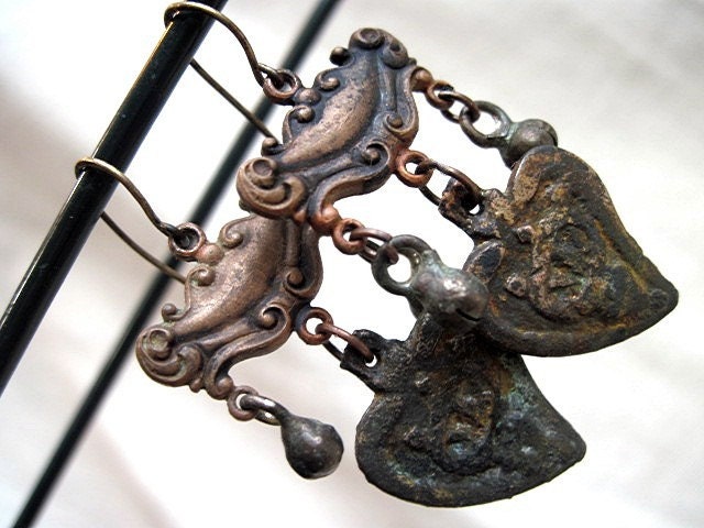 Rongorongo. Victorian Tribal Dangles with Heart Milagros.
