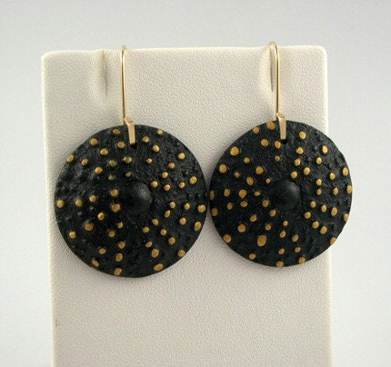 Polymer Clay Earrings, Sea Urchin, Black, Gold